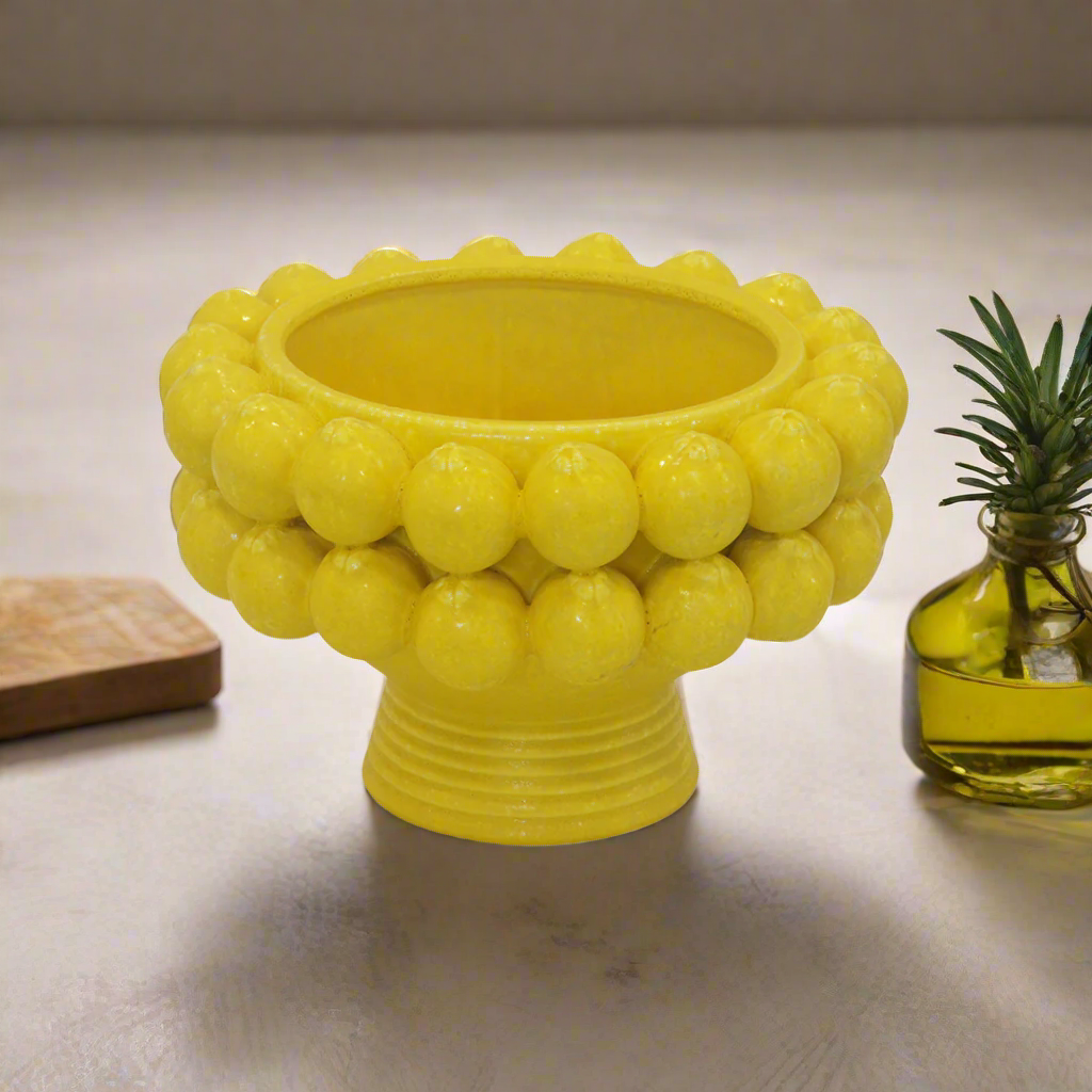 CERAMIC LEMON PEDESTAL BOWL BRIGHT YELLOW