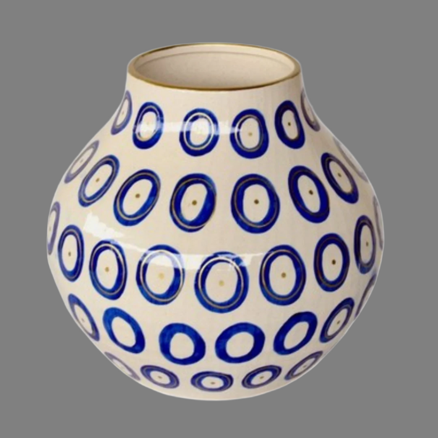 Extra Large Blue Circle Ceramic Vase Gold Trim 37X34cm
Elevate your home decor with our stunning Extra Large Blue Circle Ceramic Vase Gold Trim 37X34cm. Handcrafted with precision and care, this unique vase features a beautiful design that adds a touch of elegance to any room. Its striking is sure to become a focal point in your space, and its large size makes it perfect for showcasing your favorite flowers or branches. Unique Boys.