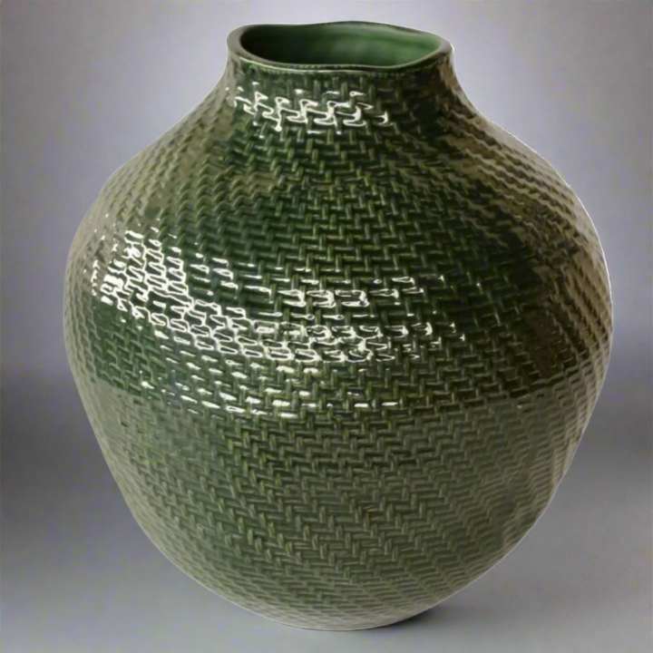 Extra Large Green Basket Weave Ceramic Vase 37X32cm