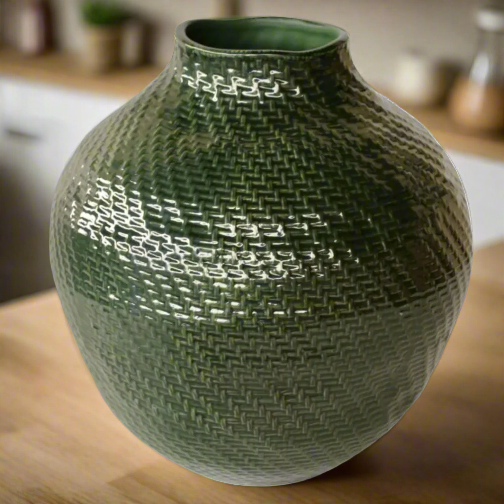 Extra Large Green Basket Weave Ceramic Vase 37X32cm
