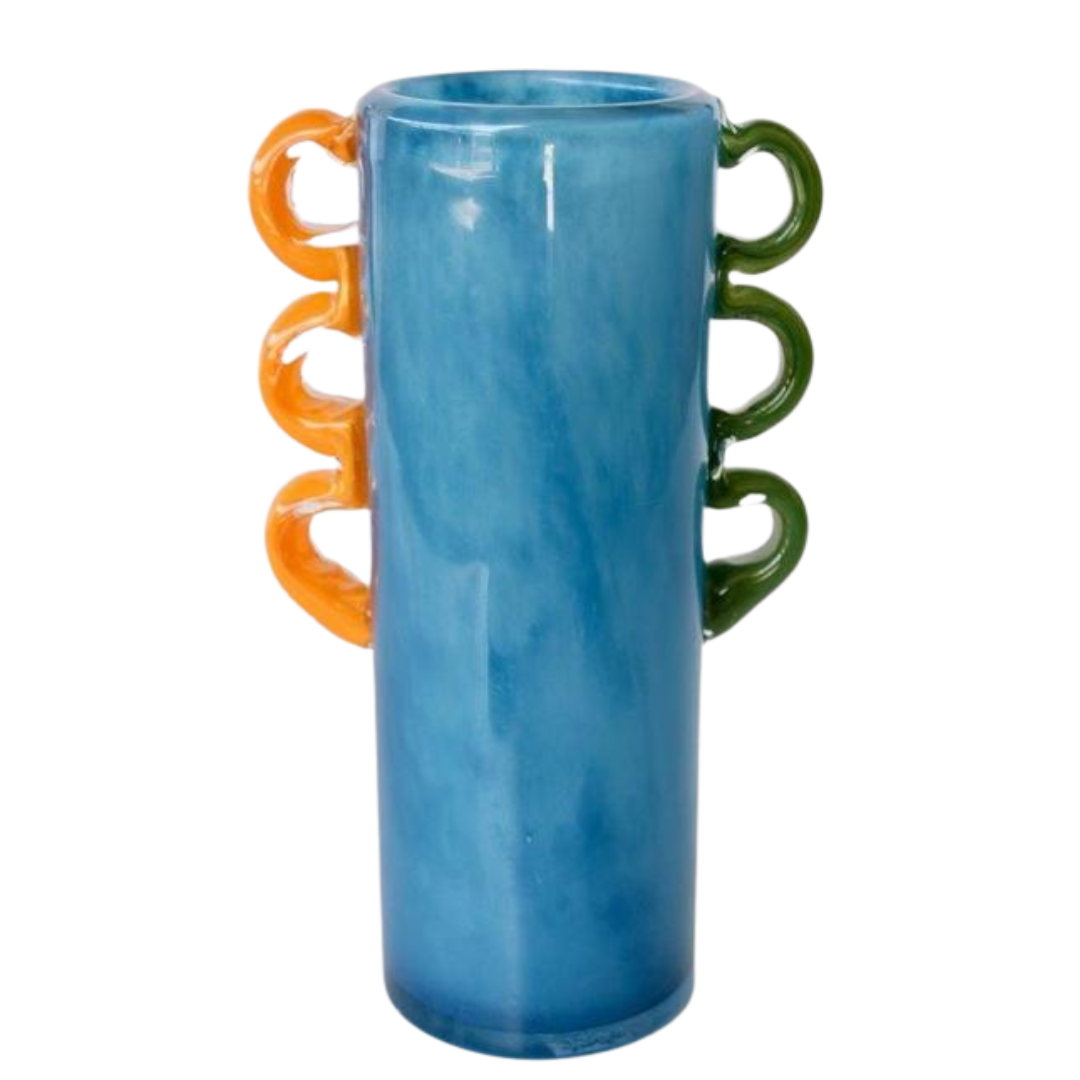 Tall Blue Glass Vase: A Stunning Decorative Piece
Add a pop of color and elegance to your home with our expertly crafted Tall Blue Glass Vase. Featuring vibrant orange and green handles, this unique piece is sure to elevate your interior design. Unique Boys.
