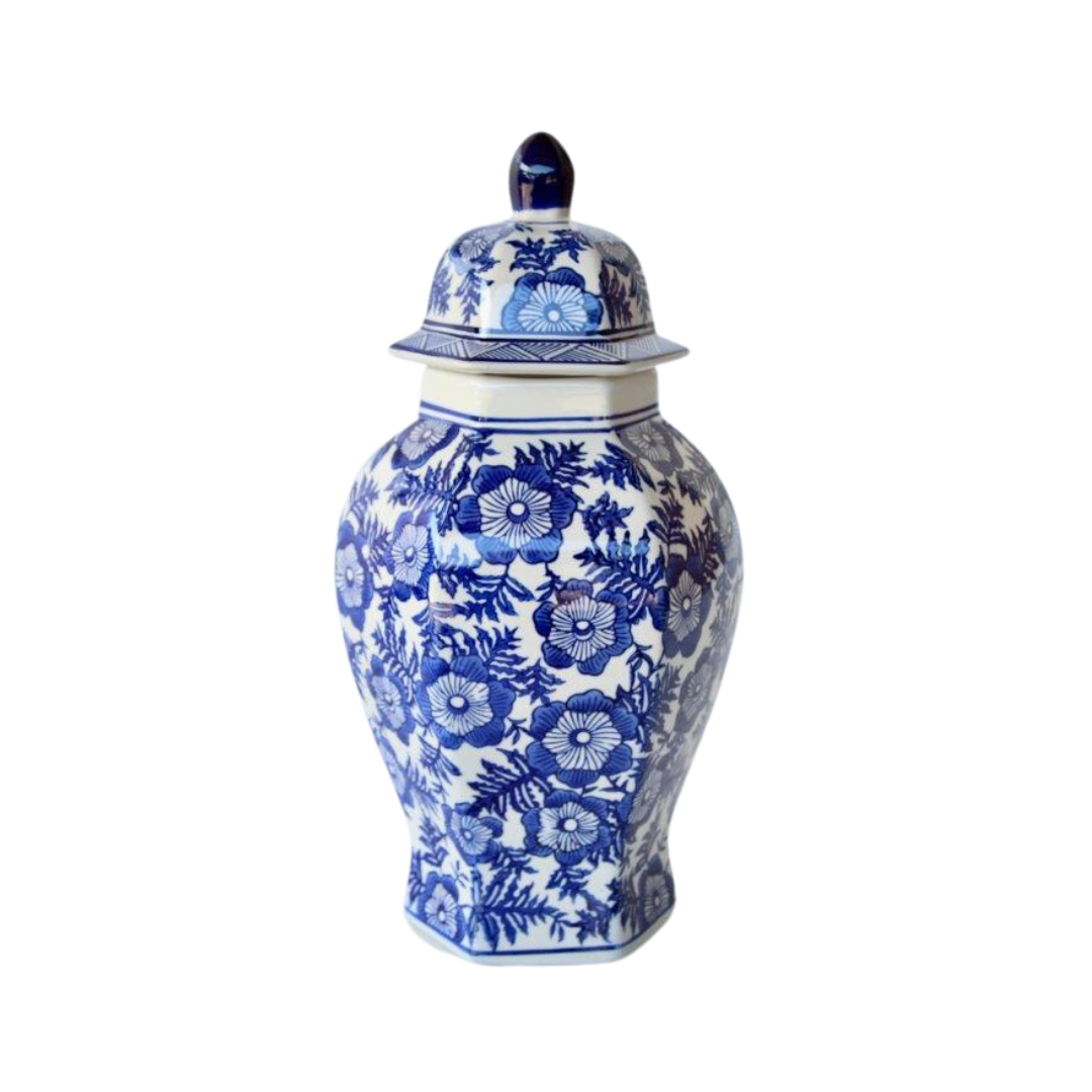 Add a timeless touch to your decor with this classic ginger jar. Featuring a medium blue and white floral design, it measures 35cm x 10cm. Delivery 5 - 7 working days