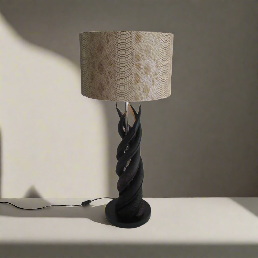 4 Natural Kudu Horn Upright Twist lamp & Tan Snake Fabric Shade Unique Boys.