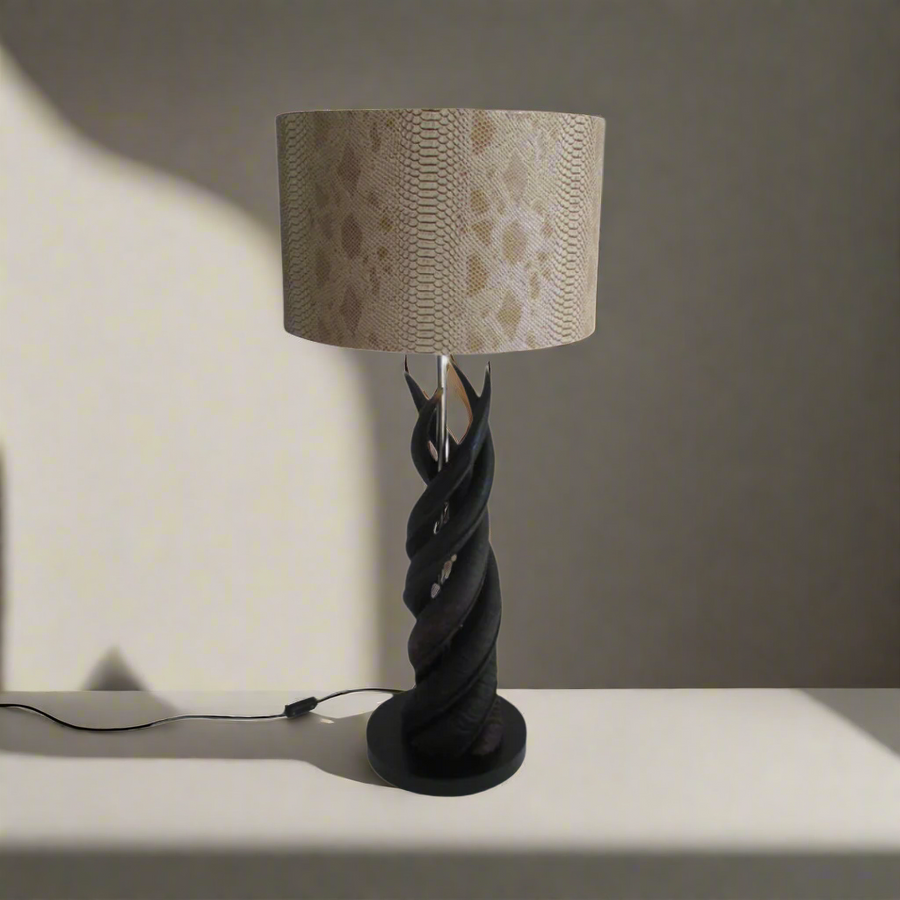 4 Natural Kudu Horn Upright Twist lamp & Tan Snake Fabric Shade Unique Boys.