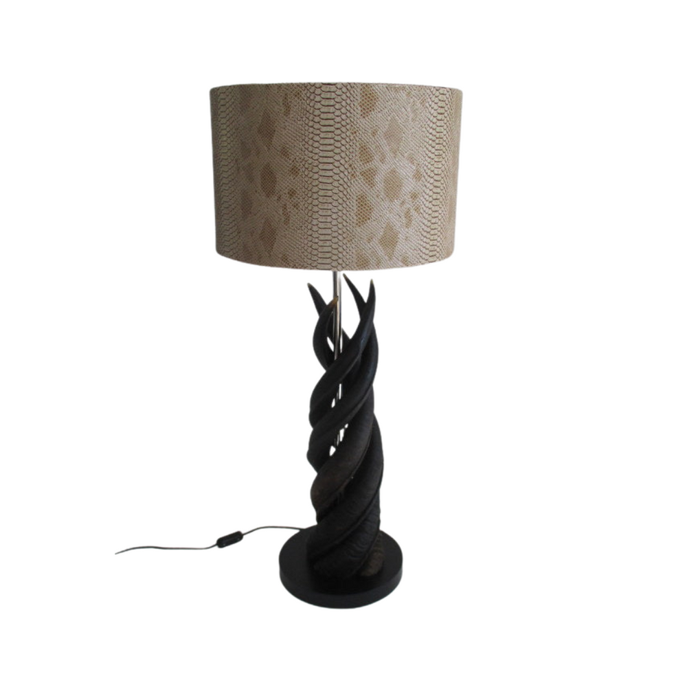 4 Natural Kudu Horn Upright Twist lamp & Tan Snake Fabric Shade Unique Boys. www.uniqueboys.co.za