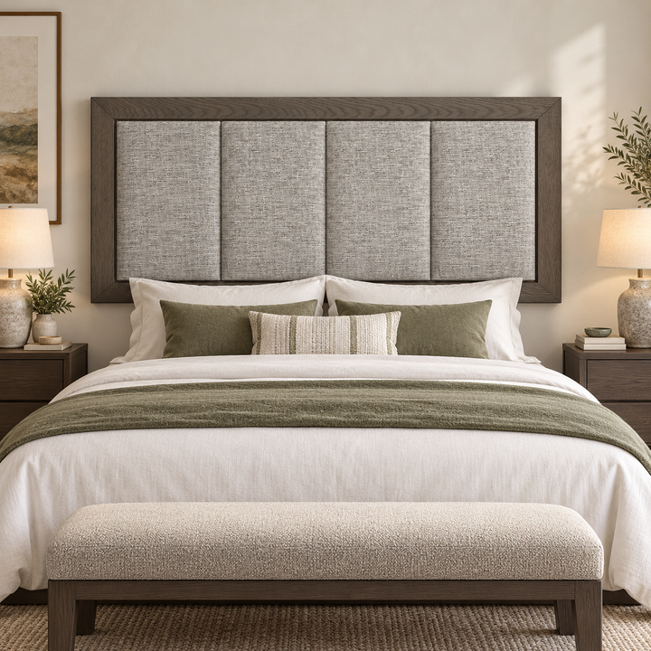 Dark Oak Frame Munro headboard styled above a bed in a warm luxury bedroom