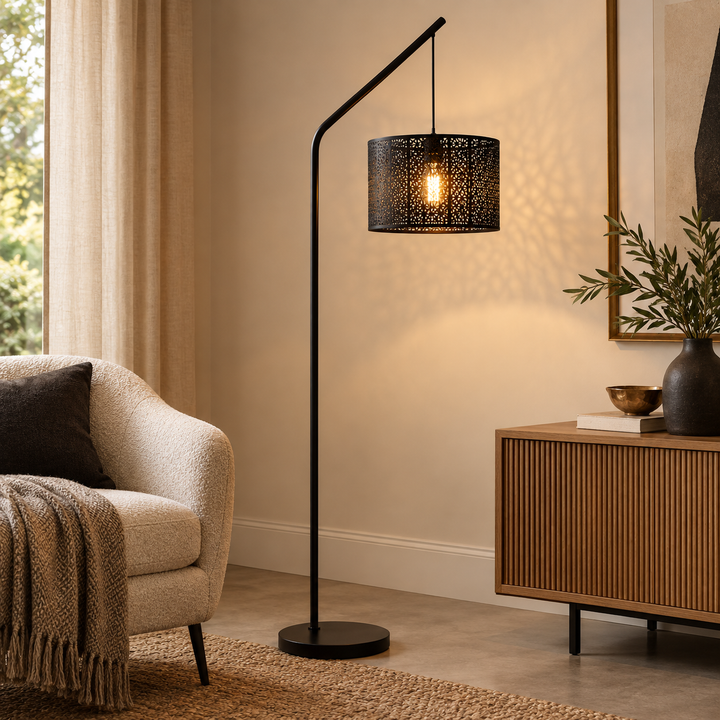 Style your home with the Akari Arch Lamp, featuring a black frame and decorative grid shade for a warm glow.