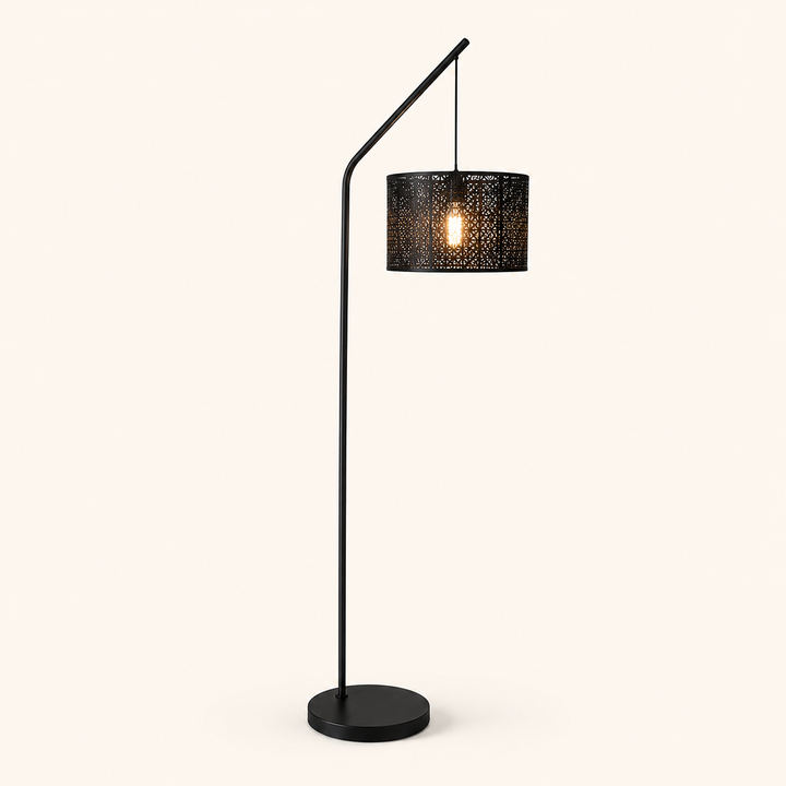 Akari Arch Lamp with black grid shade, a sleek contemporary floor lamp perfect for modern living spaces.