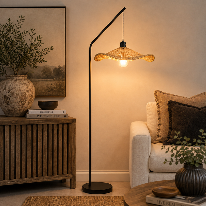 Shop the Akari Arch Lamp with Waverly Shade, featuring a 500mm woven shade and elegant contemporary design.