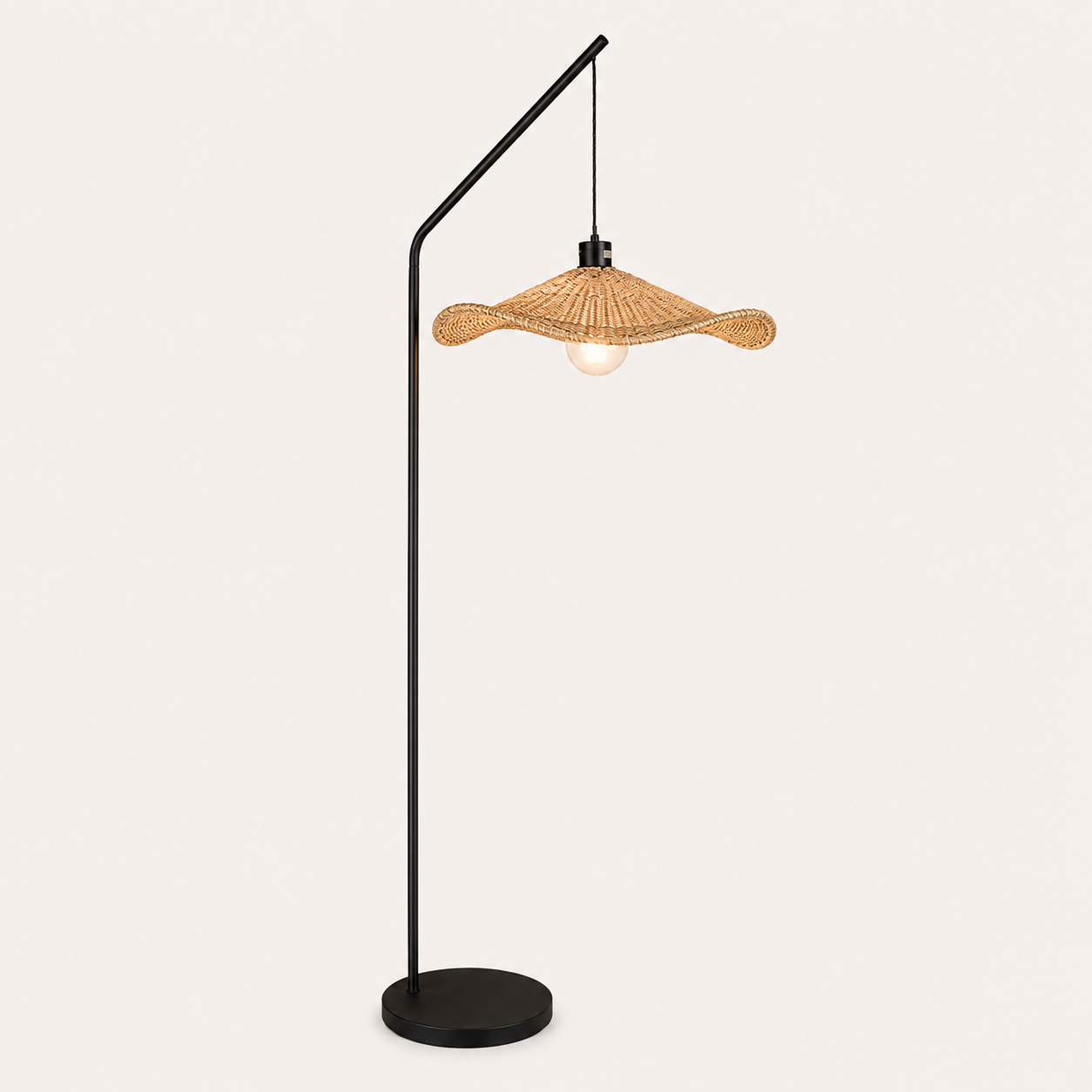 Akari Arch Lamp with Waverly Shade combines a sleek black frame and natural woven texture for stylish interiors.