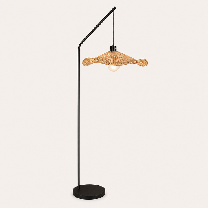 Akari Arch Lamp with Waverly Shade combines a sleek black frame and natural woven texture for stylish interiors.