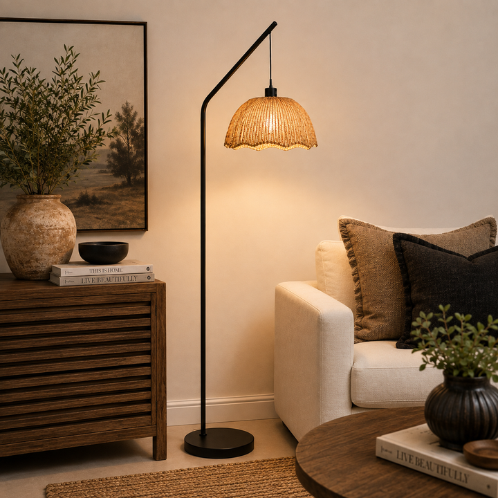 Add natural texture with the Akari Arch Lamp and Willa Shade, a stylish statement floor lamp for modern homes.