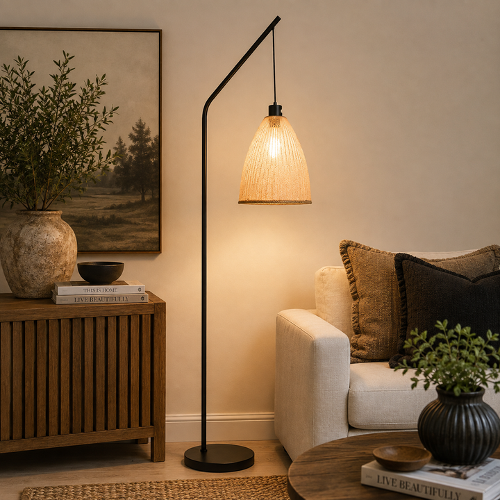 Akari Black Arch Floor Lamp with natural Winslow Shade, combining modern design with warm ambient lighting.