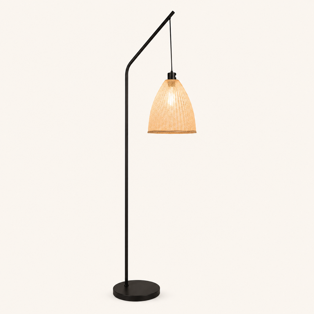 Akari Arch Lamp with Winslow Shade, featuring a sleek black frame and natural woven shade for warm interiors.