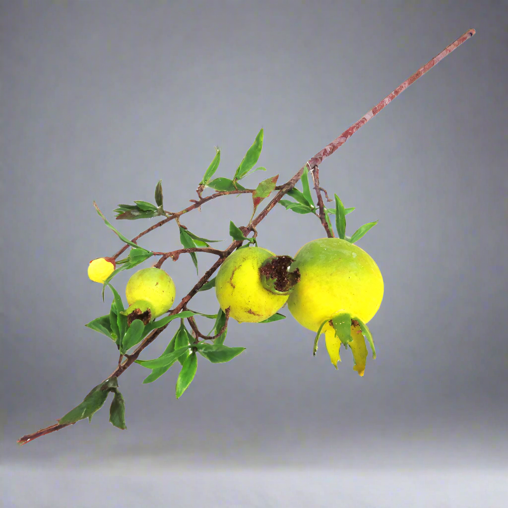 Product Description: Pomegranate Green Branch
Add a touch of natural elegance to your space with this beautiful branch of green pomegranates. Featuring a well-shaped fruit stem with leaves, this decorative piece showcases four pomegranates in various stages of growth