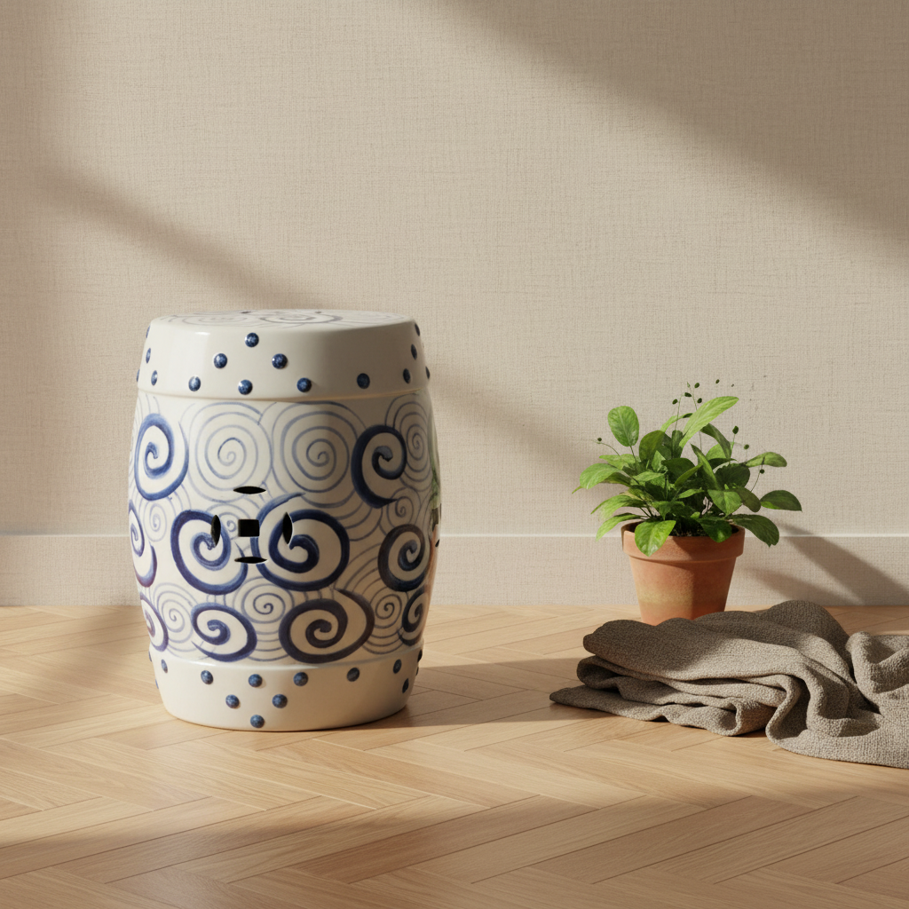 This beautiful ceramic garden stool with its blue and white circle pattern adds a unique touch of elegance to any outdoor or indoor space. Crafted from durable ceramic, this piece can stand up to the elements with ease and provides 43x30cm of seating space. 