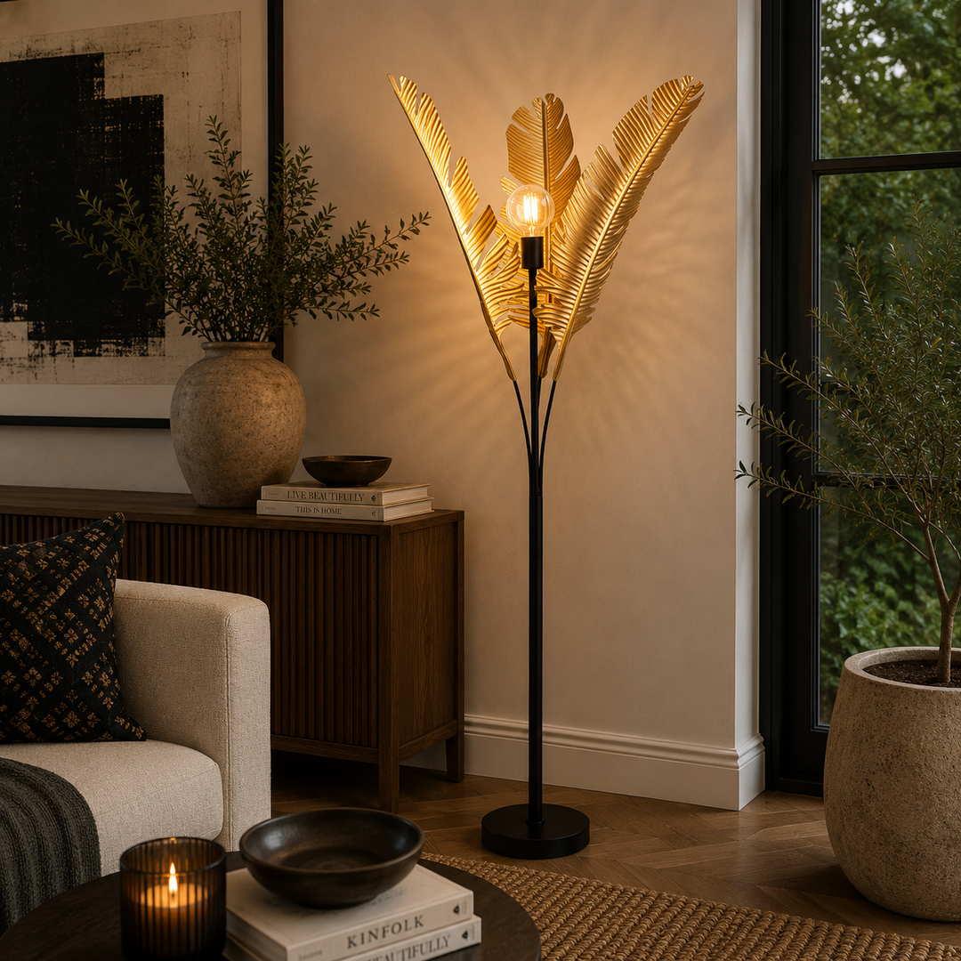 Banana Palm Floor Lamp 1620mm high with beautiful gold palm leaves, perfect for sophisticated modern interiors.