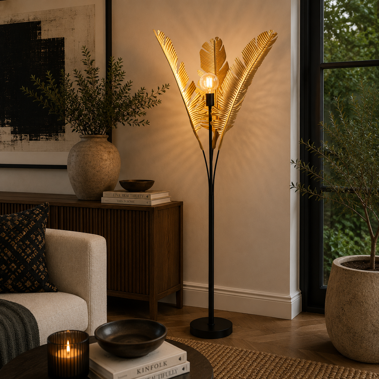 Banana Palm Floor Lamp 1620mm high with beautiful gold palm leaves, perfect for sophisticated modern interiors.