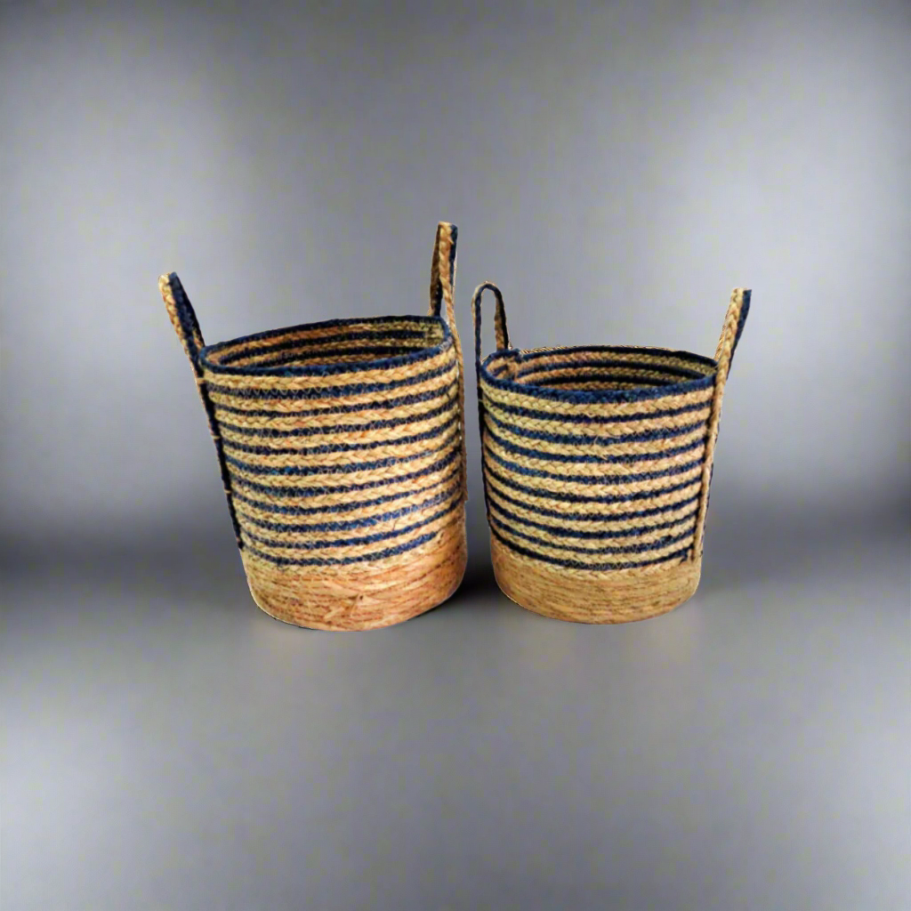 Beach House Baskets (Set of 2)
Bring the coastal charm into your home with our stunning Beach House Baskets.
Key Features:
Hand-woven with deep blue and natural thin stripes
Set of 2 baskets: Large (32cm dia x 29cm height) and Small (27cm dia x 27cm height)
Sturdy construction for ample storage
Natural elements add warmth and texture to any room
