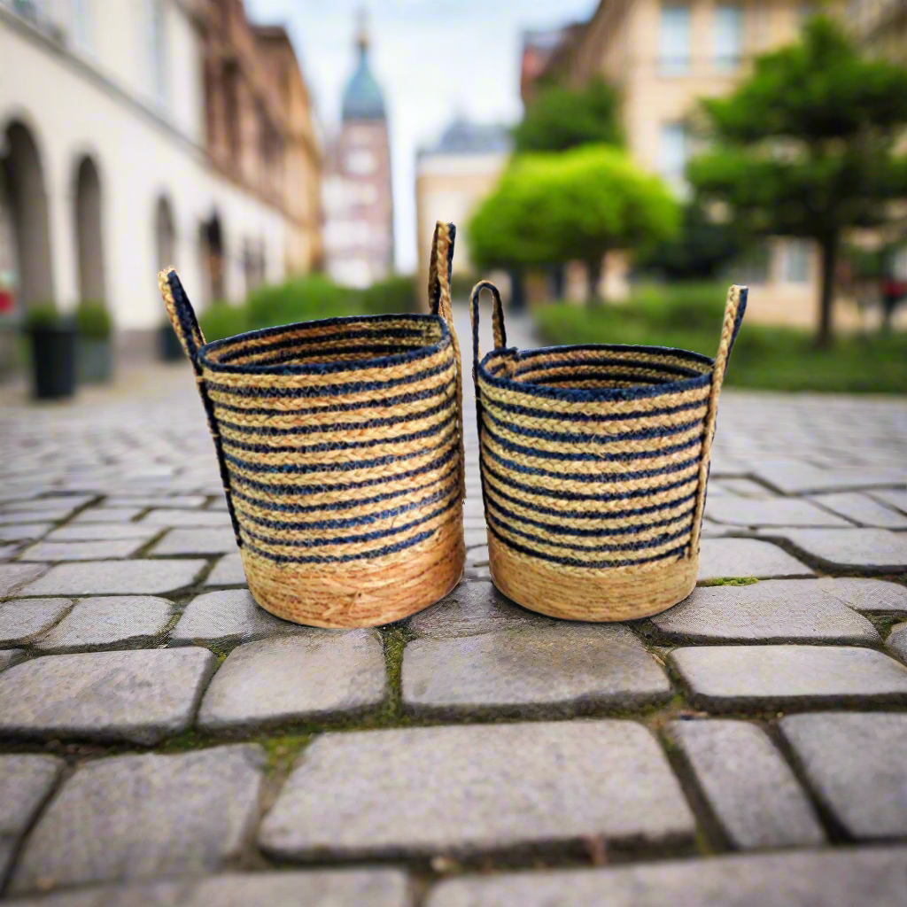 Beach House Baskets (Set of 2)
Bring the coastal charm into your home with our stunning Beach House Baskets.
Key Features:
Hand-woven with deep blue and natural thin stripes
Set of 2 baskets: Large (32cm dia x 29cm height) and Small (27cm dia x 27cm height)
Sturdy construction for ample storage
Natural elements add warmth and texture to any room