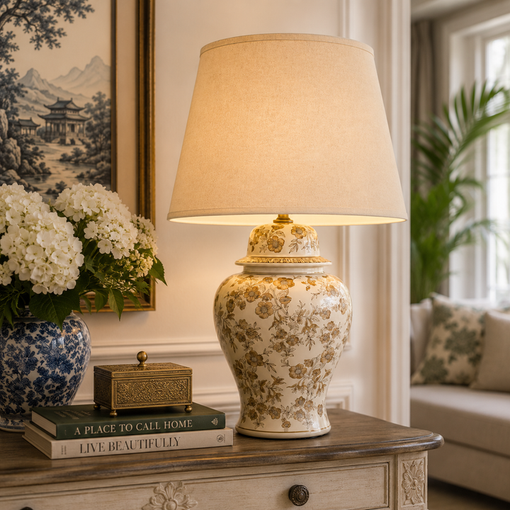 Beige Floral Ceramic Lamp 74x46cm, combining delicate floral detail with warm neutral tones and timeless elegance.