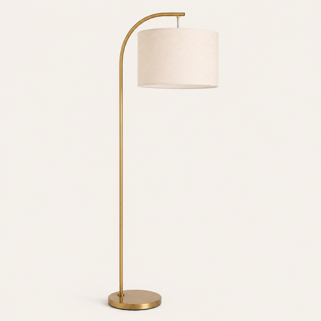 Benny Arch Floor Lamp Gold with linen shade, featuring an elegant curved design for stylish modern interiors.