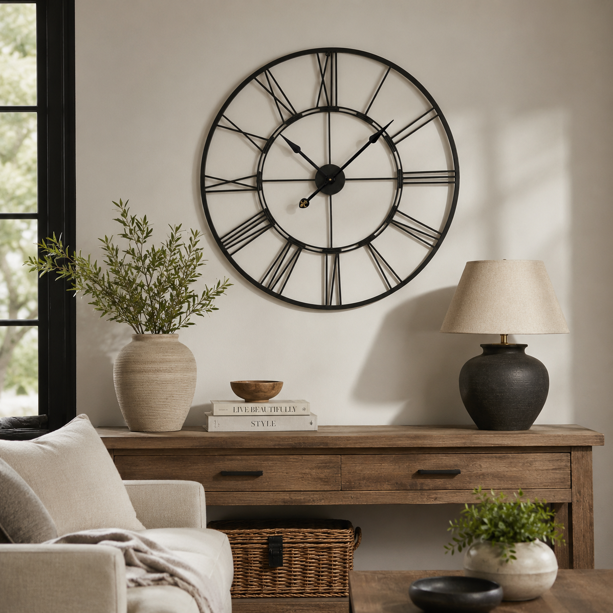 Add contemporary style with the Black Cut Out Clock, featuring an elegant open-frame metal design