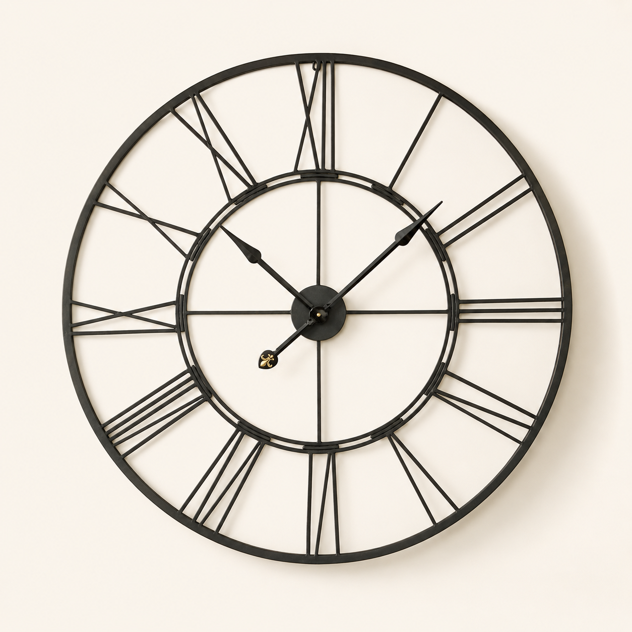 Black Cut Out Clock with striking Roman numeral detailing, perfect for creating a bold feature wall.