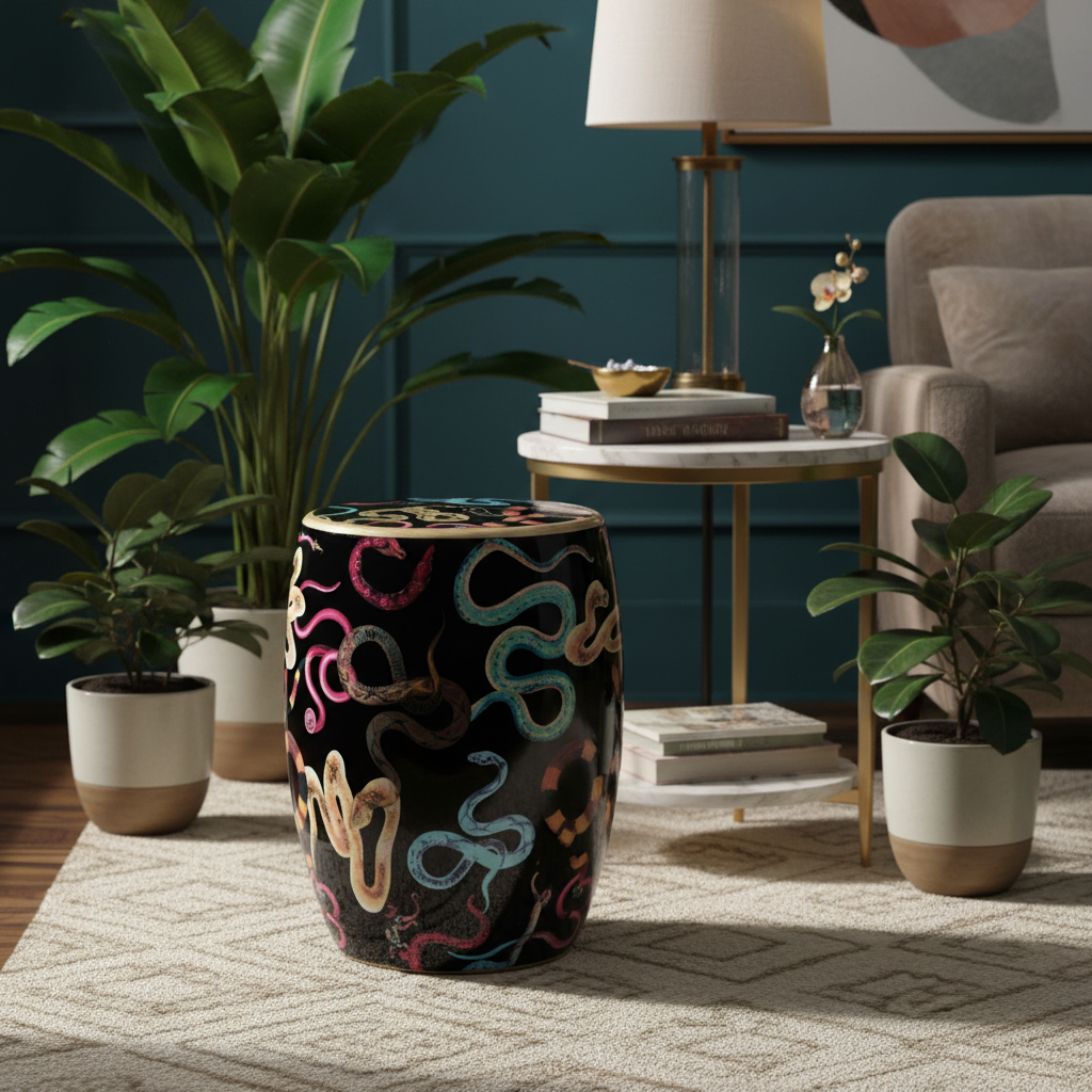 Black Garden Stool with Coloured Snake Design
Add a modern touch to your landscape with this stylish Black Garden Stool featuring a Coloured Snake Design. Measuring 45x30cm, it&