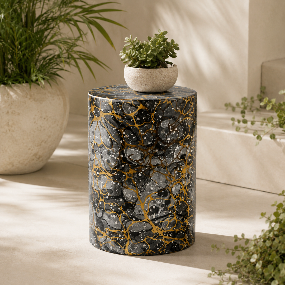 Black Grey &amp; Gold Garden Stool with elegant marbled detailing, perfect as a stylish seat or decorative accent.