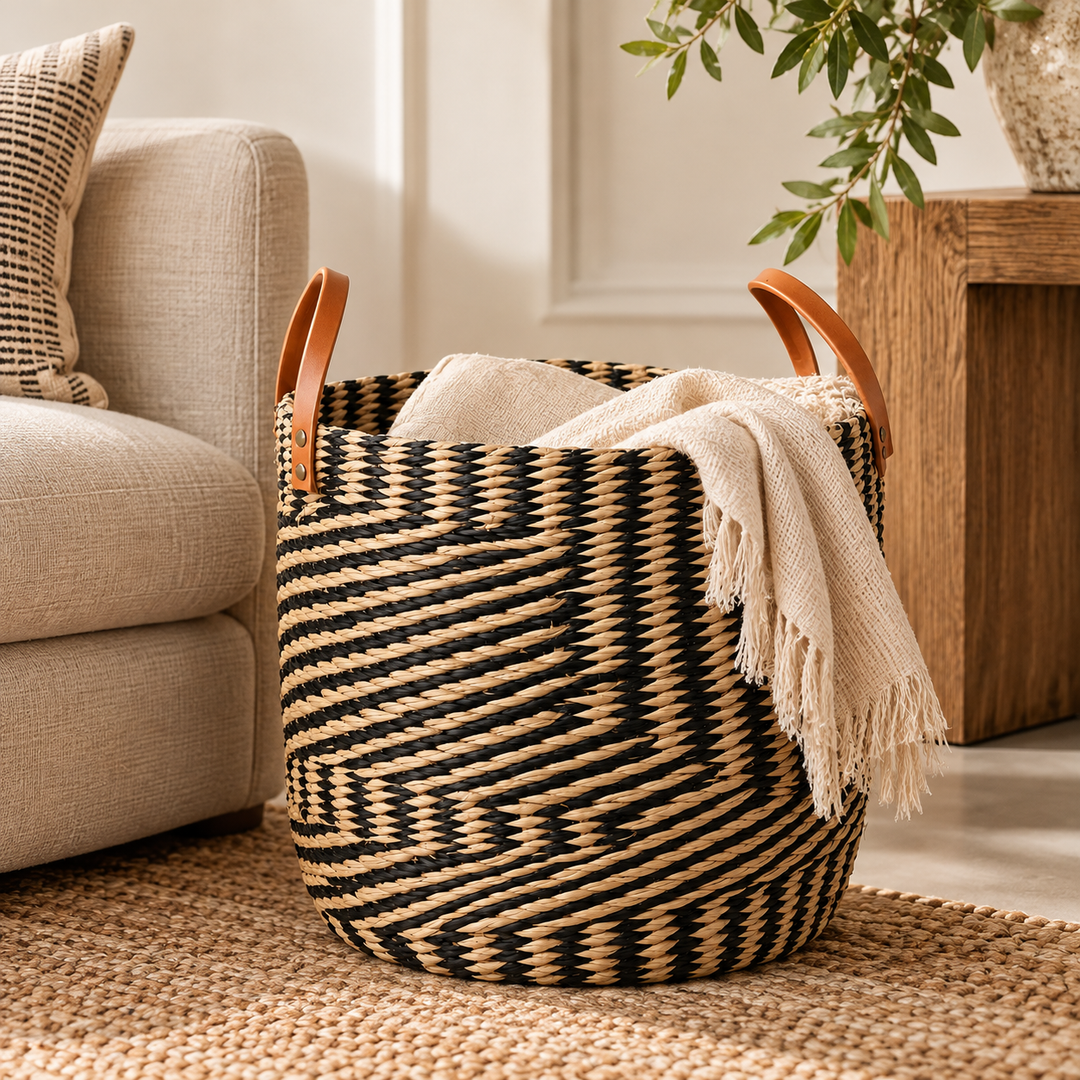 Black &amp; Natural Seagrass Basket With Handles