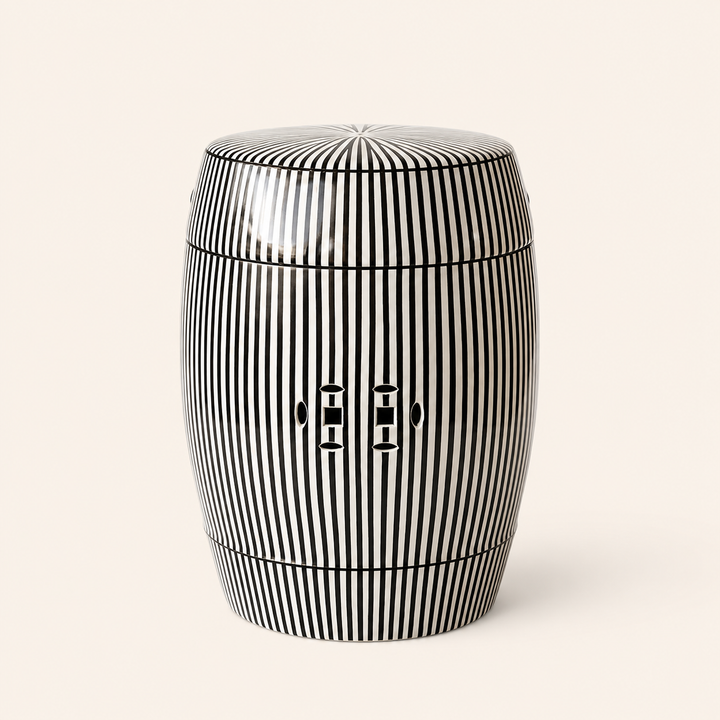 Luxury black and white striped ceramic garden stool for stylish modern homes and patios.