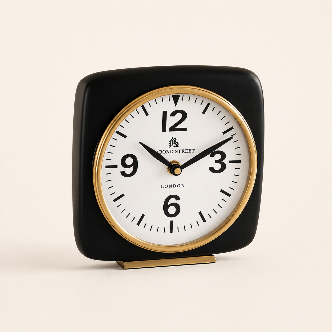 Black and Brass Table Clock 16 x 16cm, a stylish vintage-inspired accent for desks, shelves and consoles.