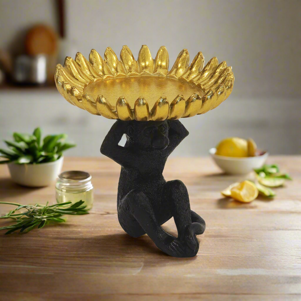 Resin monkey banana bowl small black/gold