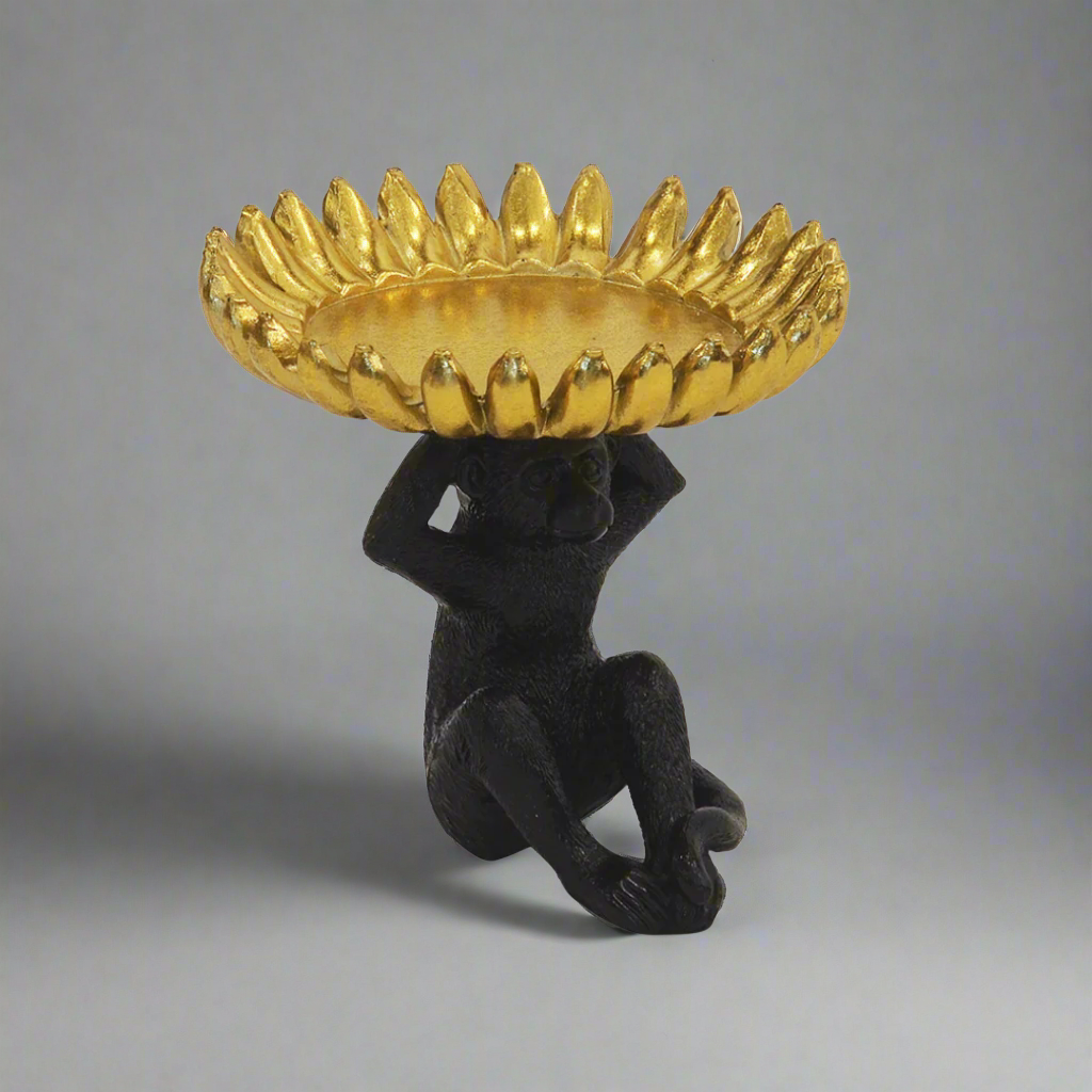 Resin monkey banana bowl small black/gold