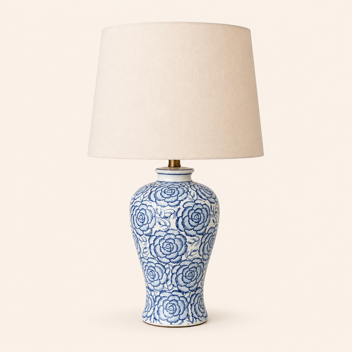 Blue Floral Ceramic Lamp 61x38cm with an elegant beige shade, perfect for timeless interior styling