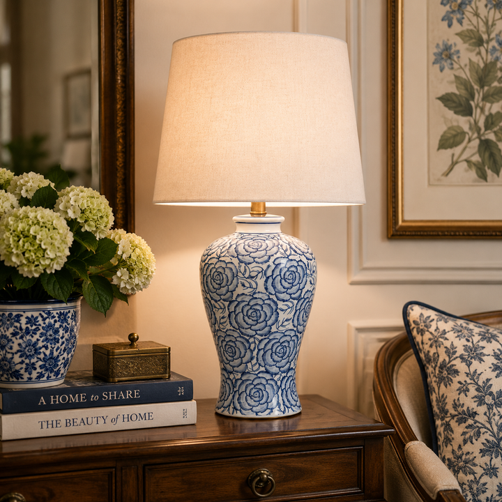 Blue &amp; White Floral Lamp 61x38cm featuring a detailed ceramic base and sophisticated beige fabric shade