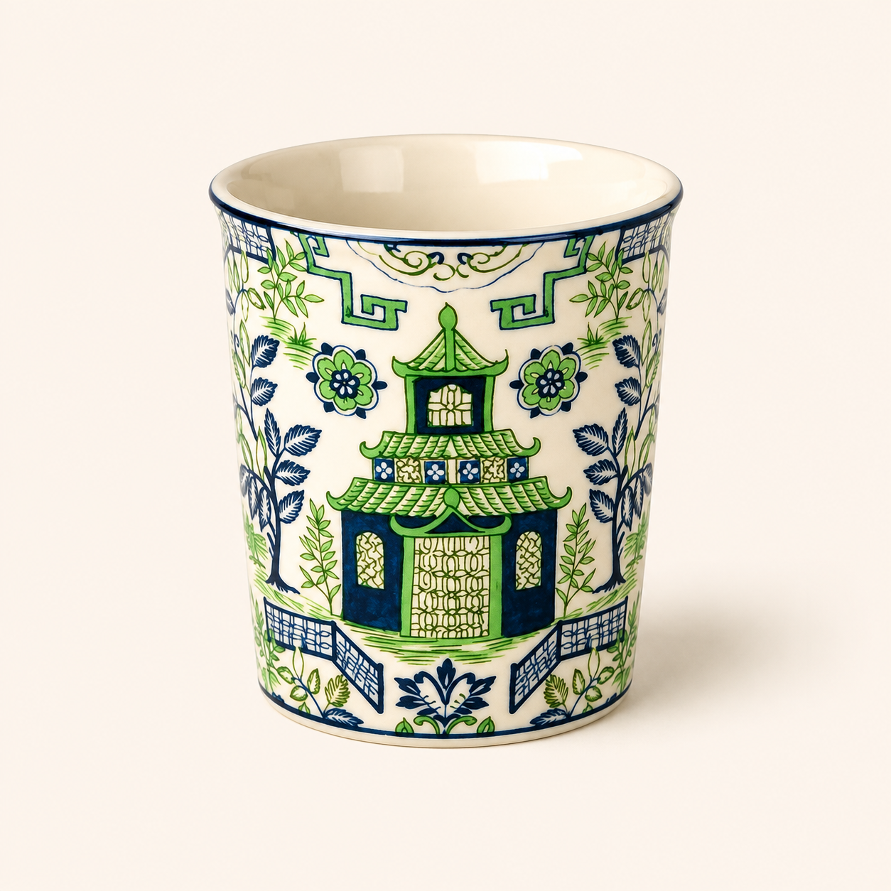 Blue & Green Pagoda Beaker 9x7.5cm, a charming ceramic accessory for elegant bathroom styling.