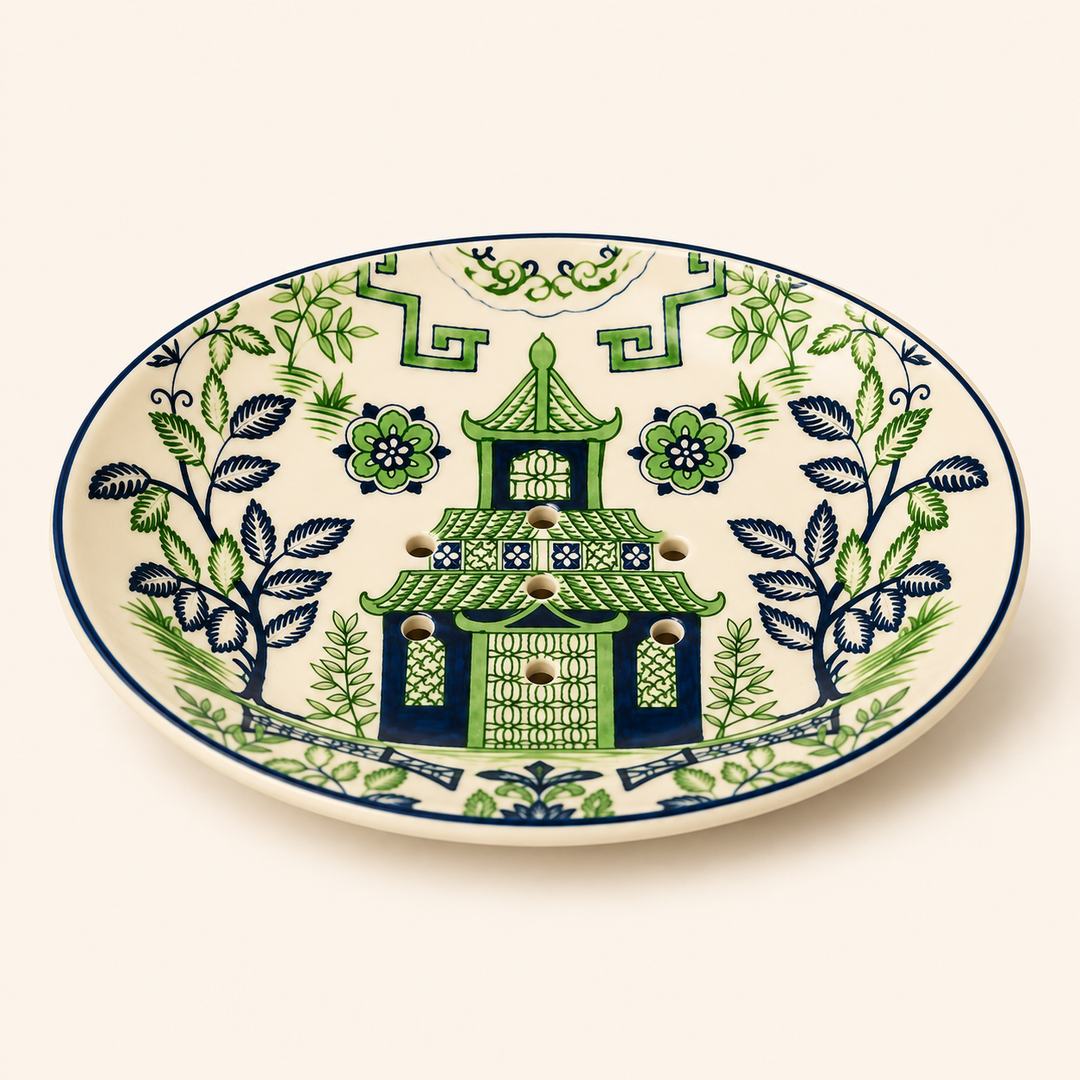 Blue &amp; Green Pagoda Soap Dish 16x12cm, a charming ceramic accessory for an elegant bathroom setting.