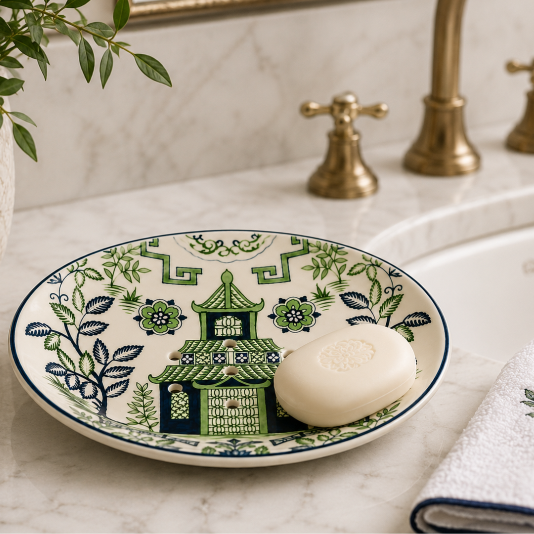 Add Chinoiserie charm to your bathroom with this Blue & Green Pagoda Soap Dish in a timeless ceramic design.