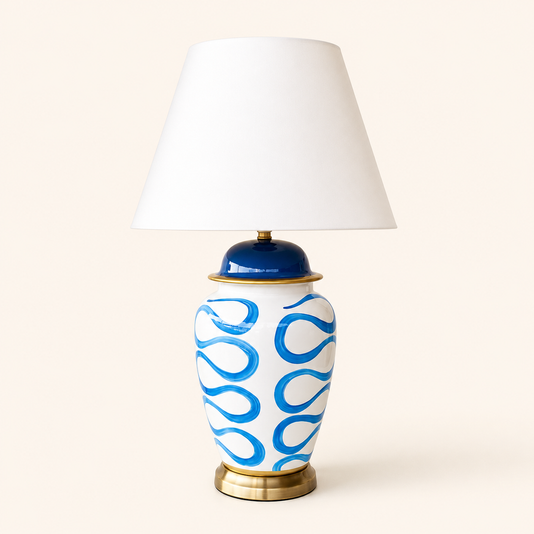 Add modern style with the Blue Squiggle Lamp 71x45cm, featuring a striking ceramic base and crisp white shade.