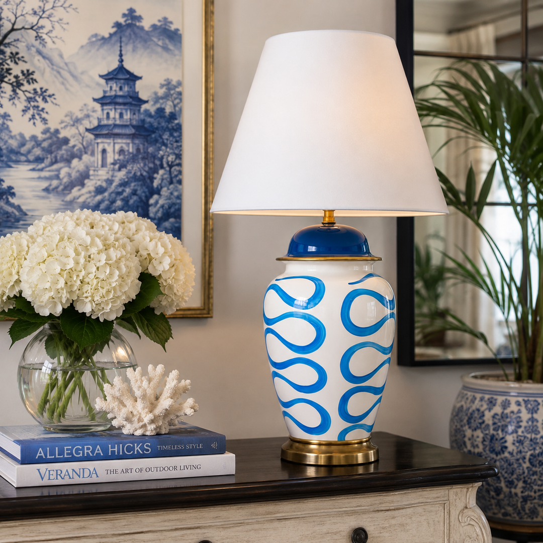Blue &amp; White Squiggle Ceramic Lamp 71x45cm, combining playful design with elegant decorative lighting.