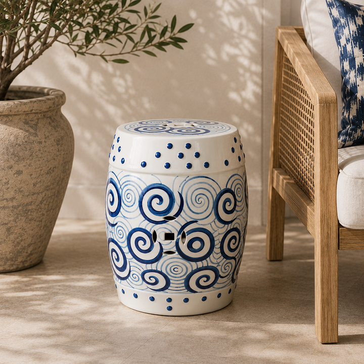 Luxury blue and white glazed ceramic garden stool, perfect as a side table or accent piece.