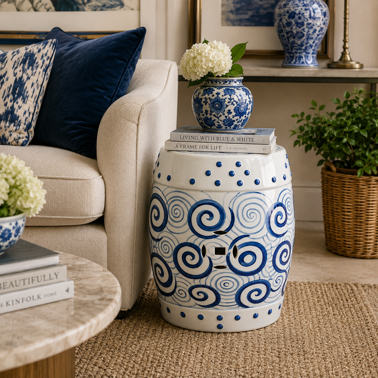Decorative blue and white ceramic garden stool with classic swirl design for stylish interiors.