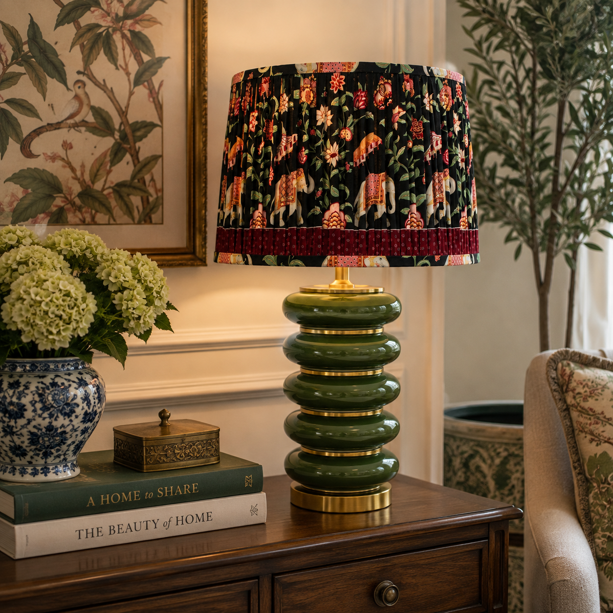 Bottle Green Ceramic Lamp 62x36cm with a pleated elephant shade, perfect for statement interior styling.