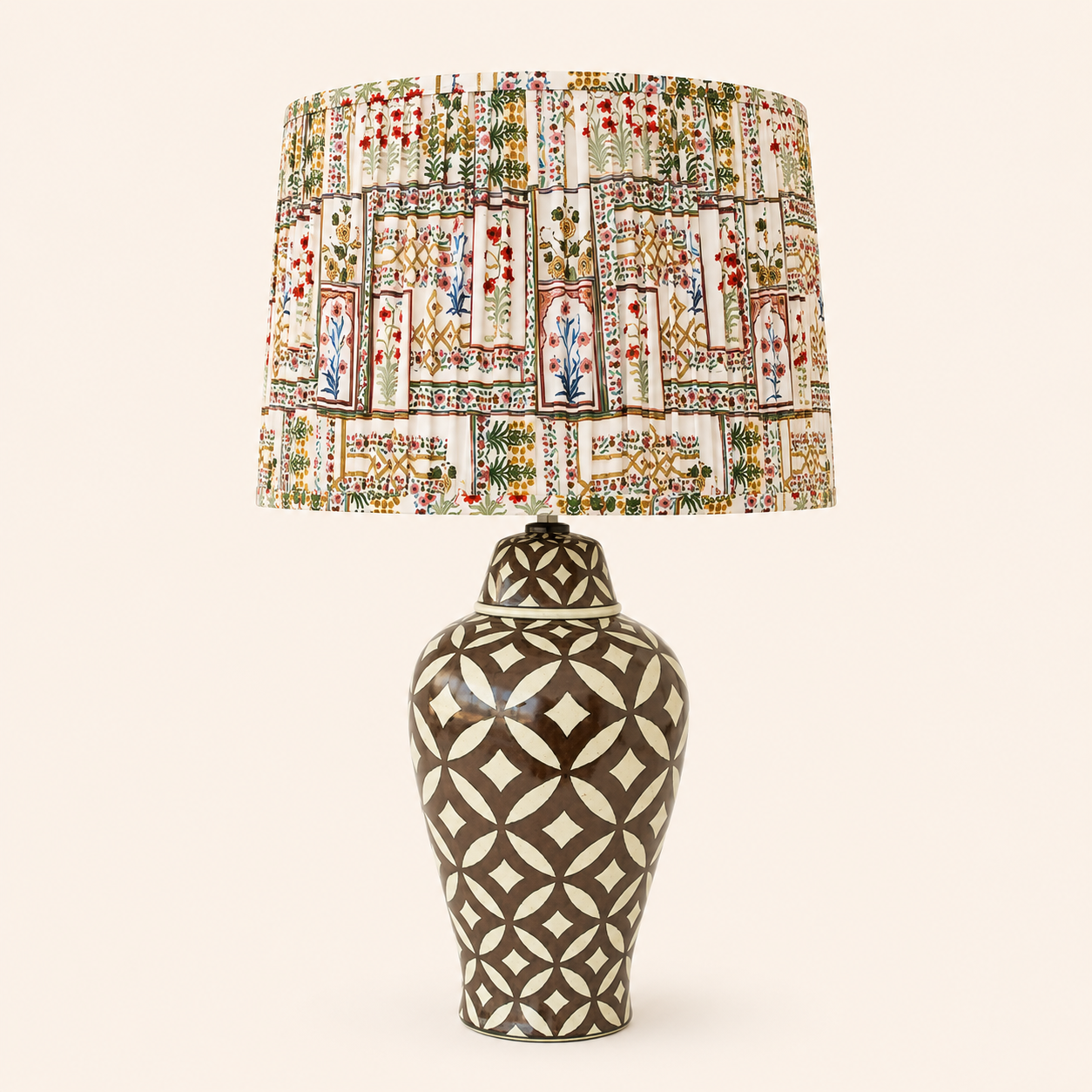 Brown Geo Lamp 73x45cm with a striking ceramic base and beautifully detailed floral patterned shade.