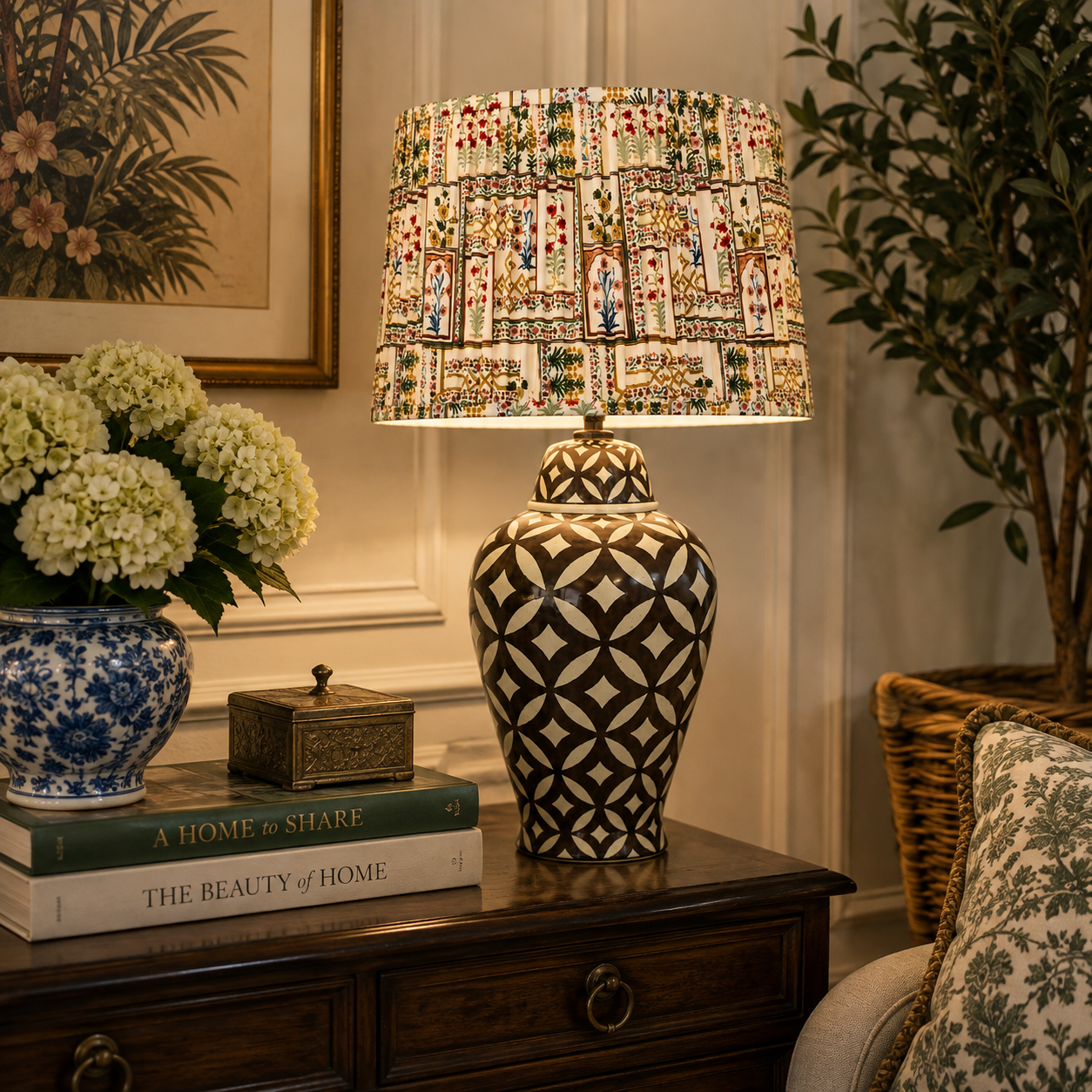 Elegant Brown Geo Lamp 73x45cm featuring a bold geometric base and colourful pleated floral shade.