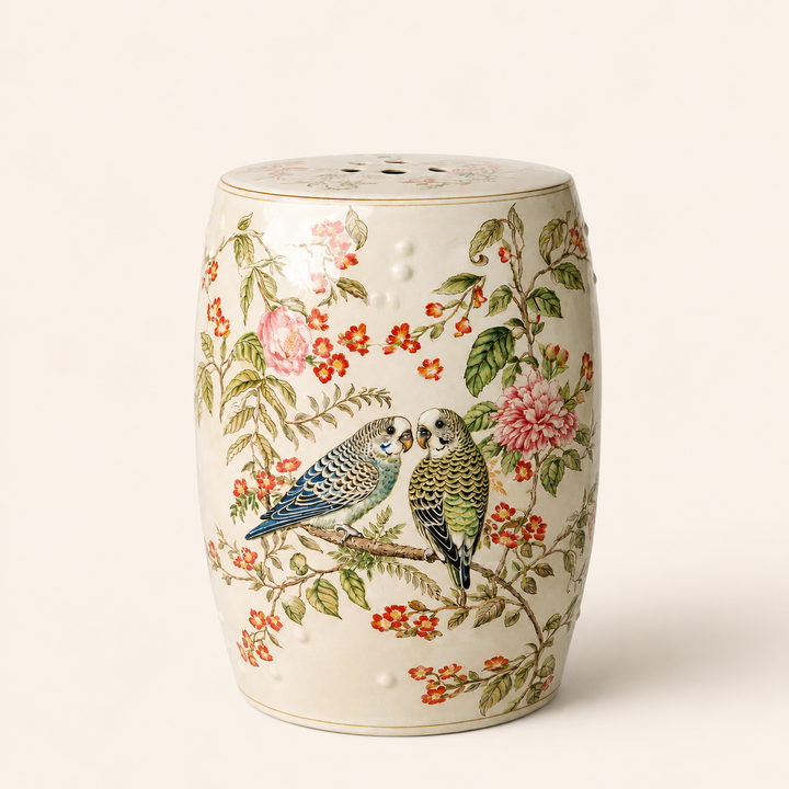 Budgie Garden Stool with ivory glazed ceramic finish and colourful floral bird design