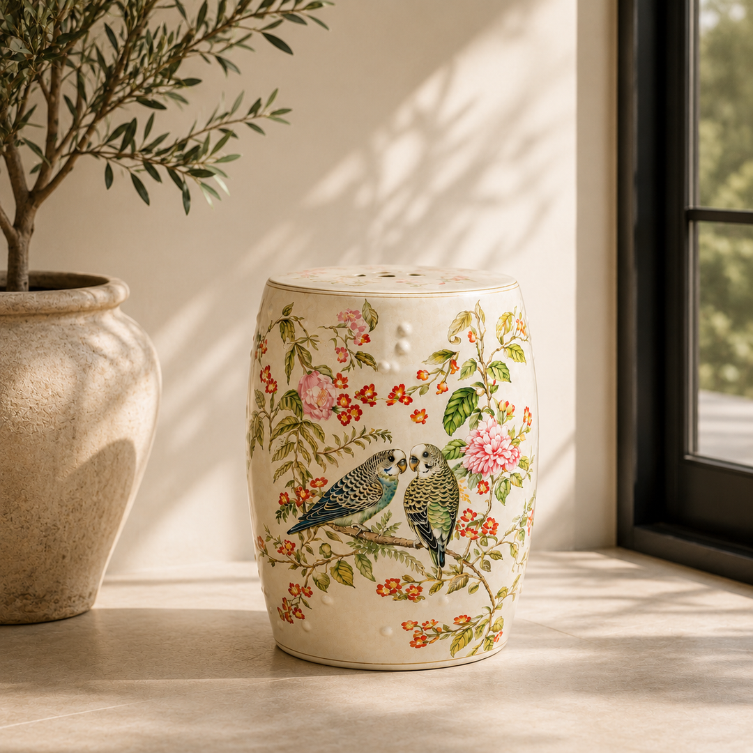 Luxury ceramic Budgie Garden Stool featuring hand-painted budgies and botanical artwork