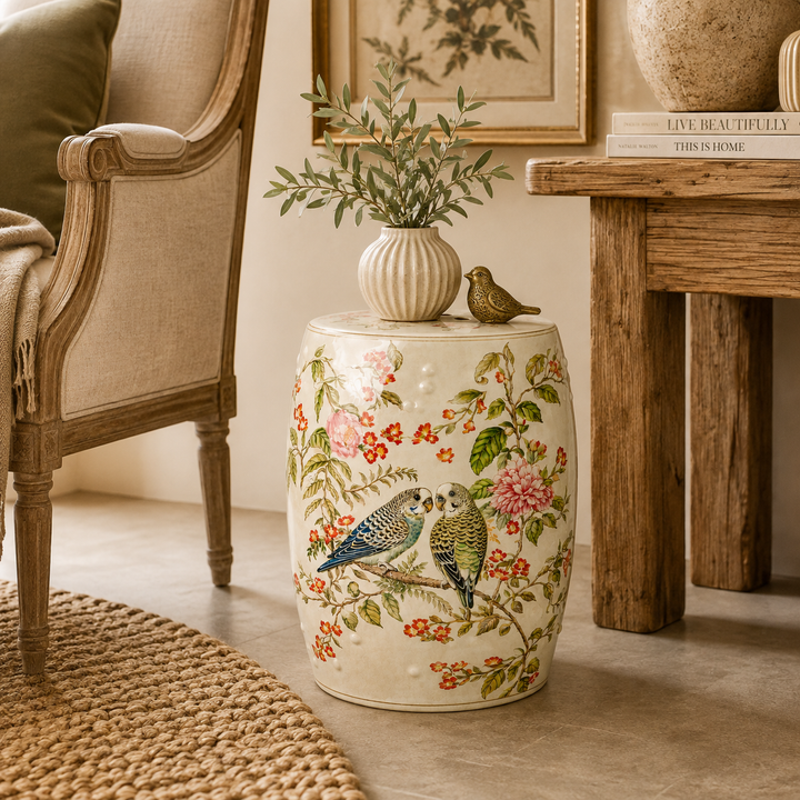 Decorative ivory ceramic garden stool with floral pattern and budgie illustration for stylish interiors
